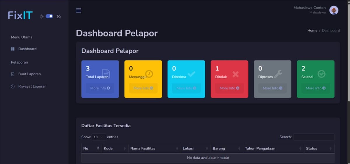 Screenshot Sistem Pelaporan Kerusakan Fasilitas - FixIT